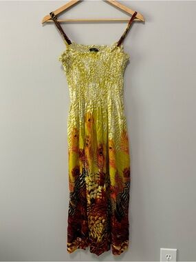 Vintage Smocked Indie Hippie Yellow Golden Ruby Peacock Print Midi Dress
